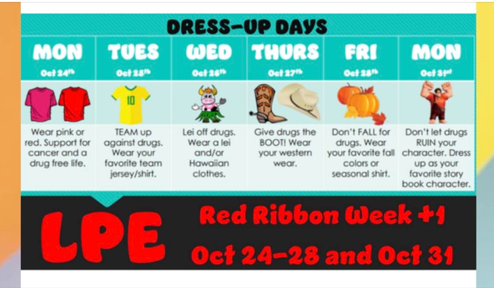 We celebrate living drug free next week with Red Ribbon Week! Here's everything you need to know to join in on the fun! The story  book character needs to be school appropriate, not scary and the student should have the book to go with their costume.  <a href="/VKiser_MEd/">Vanessa Kiser</a> <a href="/CaptCaldwell/">Brent Caldwell</a>