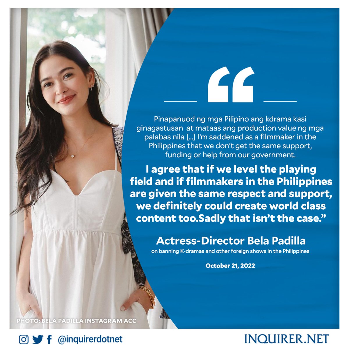 inquirerdotnet's tweet photo. 'I'M SADDENED THAT WE DON'T GET THE SAME SUPPORT'

Bela Padilla spoke up on the idea of banning K-dramas and other foreign shows in the Philippines, saying she considers it a “petty move.”

READ: https://t.co/4PAGoHPvjt https://t.co/3B3xT86ZEa