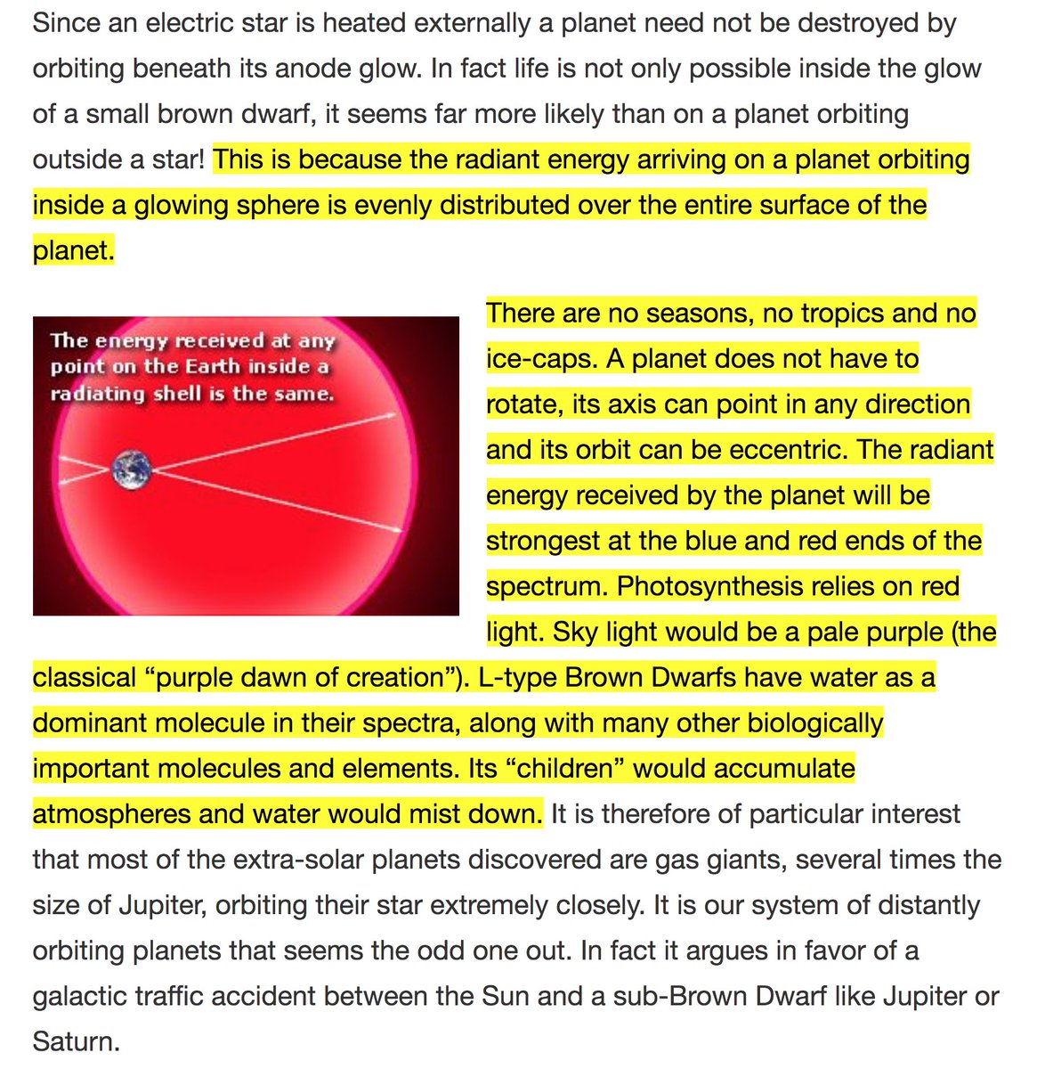 controscience's tweet photo. @Bundibugyo_ Wal Thornhill has proposed a believable sequence (for me) for origin of life in universe: On planets circling red or brown dwarf stars, s/t planets are *inside* of the illuminated envelope, which are not hot + are tenuous, puffed out.  This solves the main details, to my eye ... https://t.co/hiffT2coJY