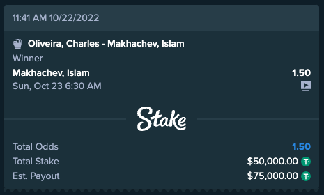 Stake's tweet photo. Two big bets have been placed on #UFC280 🤯

$50k on both Petr Yan and Islam Makhachev 💪 https://t.co/Tp7Rfzkr3N