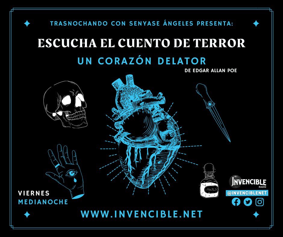 Conéctate a <a href="/trasnochandosen/">Trasnochando con Senyase Angeles</a> con <a href="/senyaseangeles/">Senyase Angeles</a> que hoy tiene le especial de terror con el cuento un corazón delator de Edgar Allan Poe x #invencibleradio
🌐invencible.net viernes 11:59pm #juntossomosinvencibles