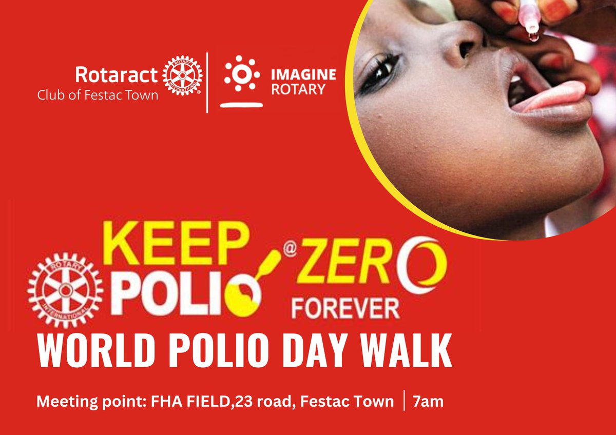 RACFESTACTOWN's tweet photo. In commemoration of #worldpolioday
on the 24th October, the Rotaract Club of Festac Town 

Presents: WORLD POLIO DAY WALK.

📅 *22nd October, 2022* 

🏠 *FHA field, 23 road, Festac Town.

⏰️ 7:00AM

_For enquires;_
 *07061143284 https://t.co/uhiPmjfCbD