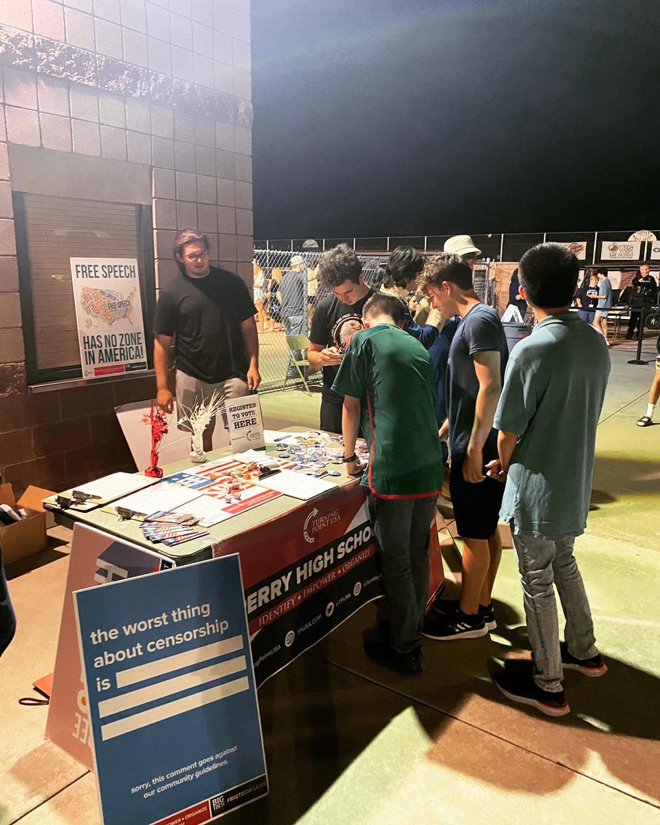 TPUSA_Perry's tweet photo. Tailgating at the football game tonight. Registered a new voter and got to talk about #FirstAmendment with lots of fellow students. #PumaNation @PerryPumas07 https://t.co/cq0M0HKALT