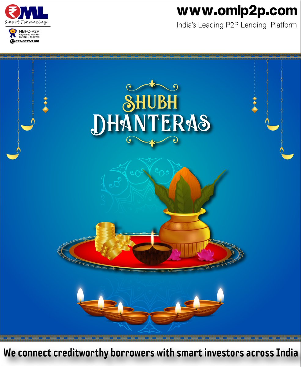 OMLP2P's tweet photo. Prosperity comes to the lucky but stays with the smart. This #Dhanteras, make the smart move by investing in Peer to Peer Lending.

#HappyDhanteras #धनतेरस #Diwali #Celebration #Blessings #HappyDiwali #Diwali2022 #OMLp2p #P2PLending #Investment #Festival #India https://t.co/O5HvPpibgh