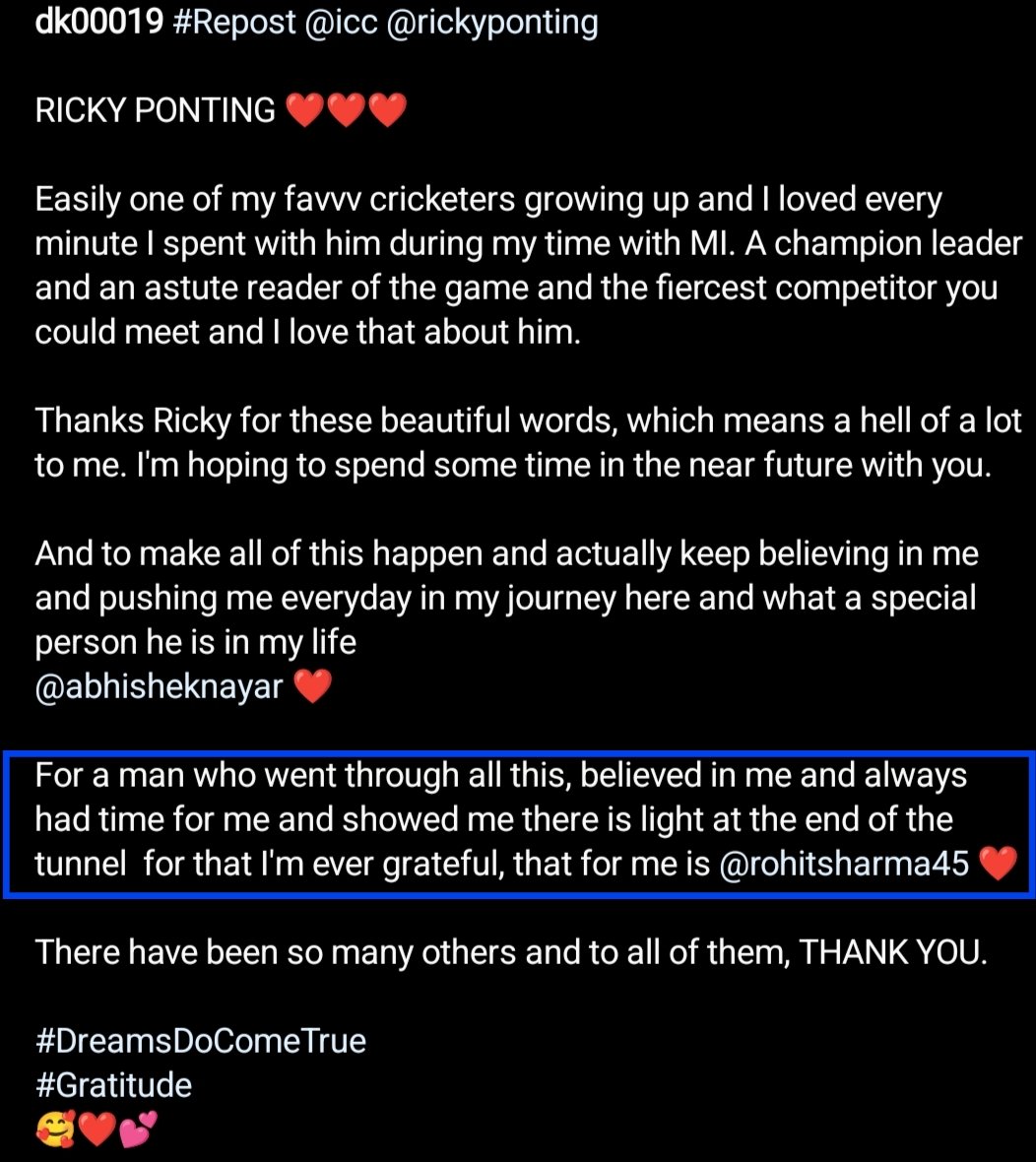 Heart touching words from Dinesh Karthik for captain Rohit Sharma.