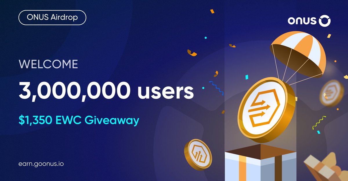 🎉 To celebrate #ONUS's 3,000,000 users milestone, we're having a little #Giveaway for everyone 😉

💰 Total pool: $1350 #EWC

To enter:
✅ Follow <a href="/ONUSFinance/">ONUS</a>, tag 3 friends &amp; RT
✅ Join t.me/onus_global
✅ Submit #ONUS ID 👇
earn.goonus.io/en/projects/on…

#Crypto #Airdrop