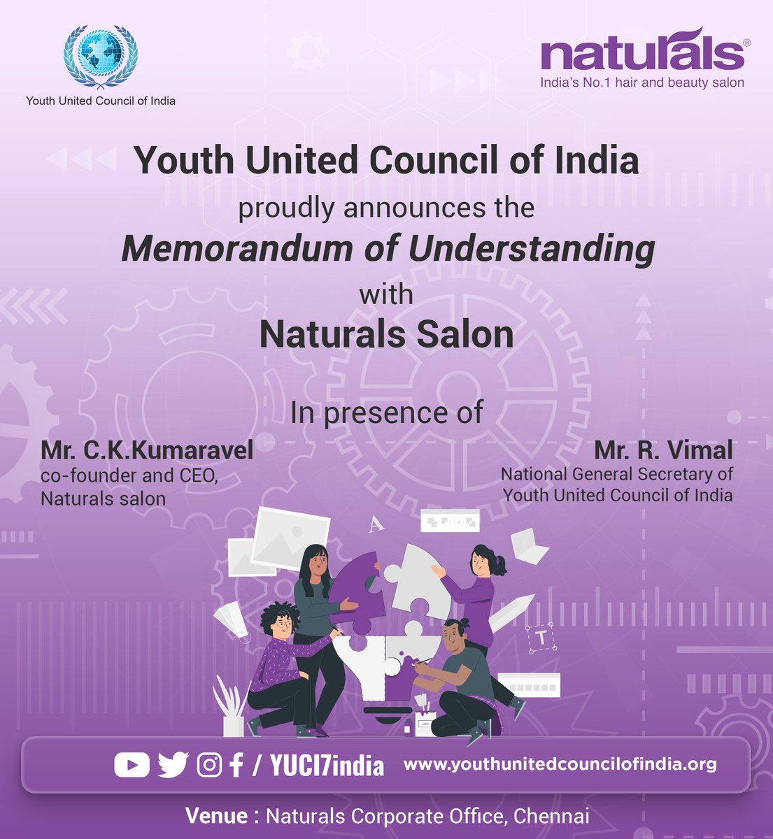 YUCIindia's tweet photo. @YUCI7india would like to announce that we have successfully signed the Memorandum of Understanding with Naturals Salon in presence of Mr.C.K.Kumaravel,
Co-founder and CEO,
Naturals Salon and Mr.R.Vimal,
National General Secretary, @CKKumaravel #yuci7india #youthorganisation https://t.co/93rGTZtks5
