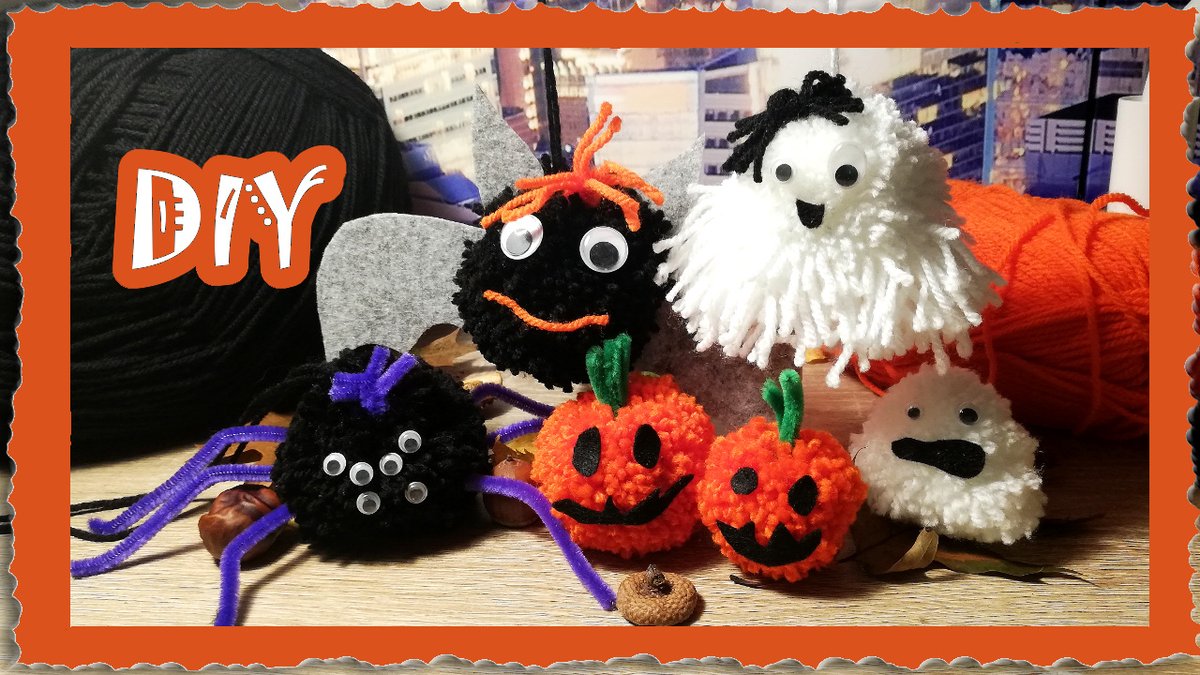 O0Milena's tweet photo. Mal wieder Zeit für Pompons DIY - Pompons zu 🧶Halloween 🦇Fledermaus/ 🎃Kürbis/ 👻Gespenst/ 🕷Spinne/ mit Pompon- Maker ✂
 #handcrafted #pompons #basteln #kreativ #YouTube #igel  #YouTubeVideo #smallyoutuber Video dazu gibt es hier 👀Schaut vorbei👉 https://t.co/33ToiOGnF7 https://t.co/VARGtwVuBI