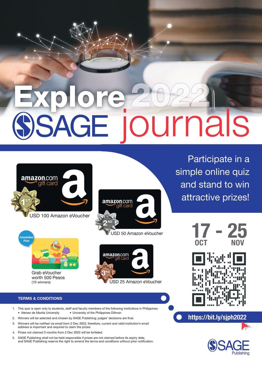 Rizal_Library's tweet photo. SAGE Publishing Online Quiz is back!
Simply answer 5 questions and you can win Amazon eVouchers worth USD 100 and Grab eVouchers worth 500 PHP.
Visit the quiz page https://t.co/453wjGDdGA
#sageapac #onlinequiz https://t.co/VsA3LkElZk
