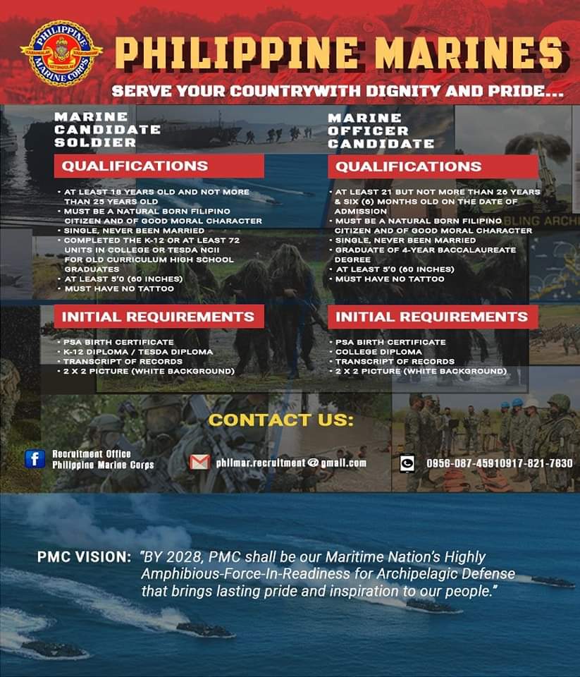 ATTENTION | The <a href="/AlphaCoyMarines/">Philippine Marine Corps</a> will be conducting Mobile Recruitment in the provinces of #SouthernLuzon

Full details: facebook.com/10006882068634…
📝/📸: <a href="/AlphaCoyMarines/">Philippine Marine Corps</a> 

#ProtectingtheSeasSecuringOurFuture 
#ModernandMultiCapablePHNavy 
#AFPyoucanTRUST