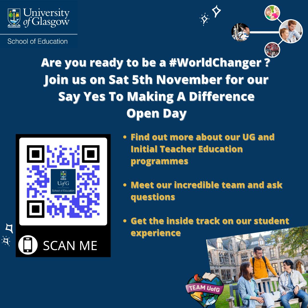 UofGEducation's tweet photo. Considering studying with us? Find out more about:
✅PGDE Primary/Secondary
✅Education with Primary Teaching Qualification
✅Design & Technology Education
✅Childhood Practice
✅Community Development
On Sat 5th Nov
Register https://t.co/I1IJ4wDwtk #SayYestoMakingaDifference https://t.co/cD8VB304qS