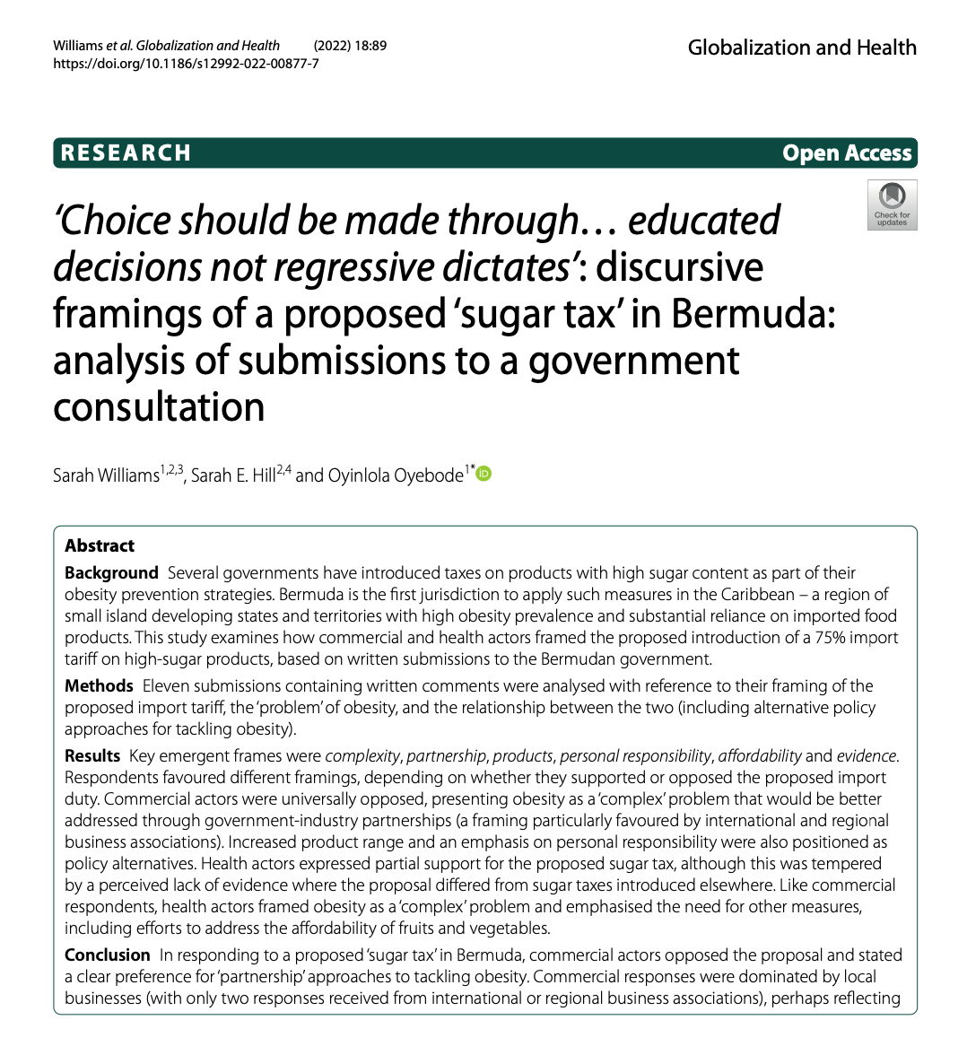 “When Bermuda proposed a sugar tax, 11 long submissions to the consultation revealed the framings used by respondents from commercial and health backgrounds. Read our paper to find out more” rdcu.be/cX3Kr @WarwickFoodGRP @SPECTRUMRes