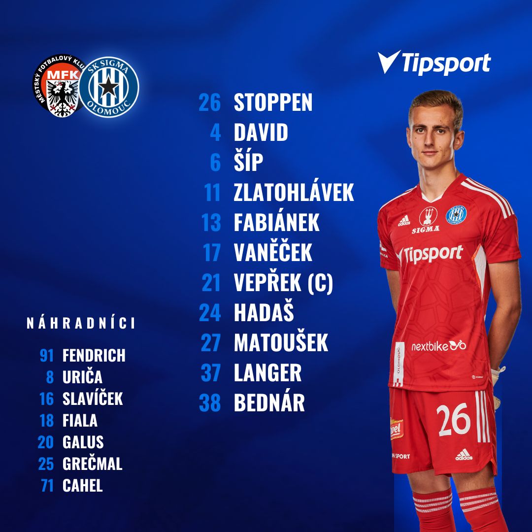 SKSigmaOlomouc's tweet photo. 👥 SESTAVA | 🅱-tým začne proti Chrudimi takto:
🧤 Do brány se poprvé od zranění postaví Tadeáš Stoppen.
📺 Stream 👉 https://t.co/gxi72mxPTf
📊 Preview 👉 https://t.co/H83AGJGTQb
💰 Vsaďte si u Tipsportu 👉 https://t.co/rPg97ncVHW
#chrolb #hanacidoteho https://t.co/igBkbXJmLb