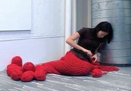 womensart1's tweet photo. Performance art piece by artist Bea Camacho entitled "Enclosure", crocheting a cocoon for herself in 11 hours without interruption #WomensArt https://t.co/kPgQs4RccT