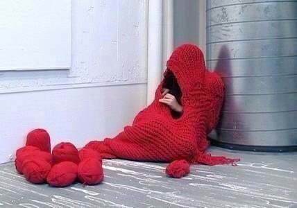 womensart1's tweet photo. Performance art piece by artist Bea Camacho entitled "Enclosure", crocheting a cocoon for herself in 11 hours without interruption #WomensArt https://t.co/kPgQs4RccT