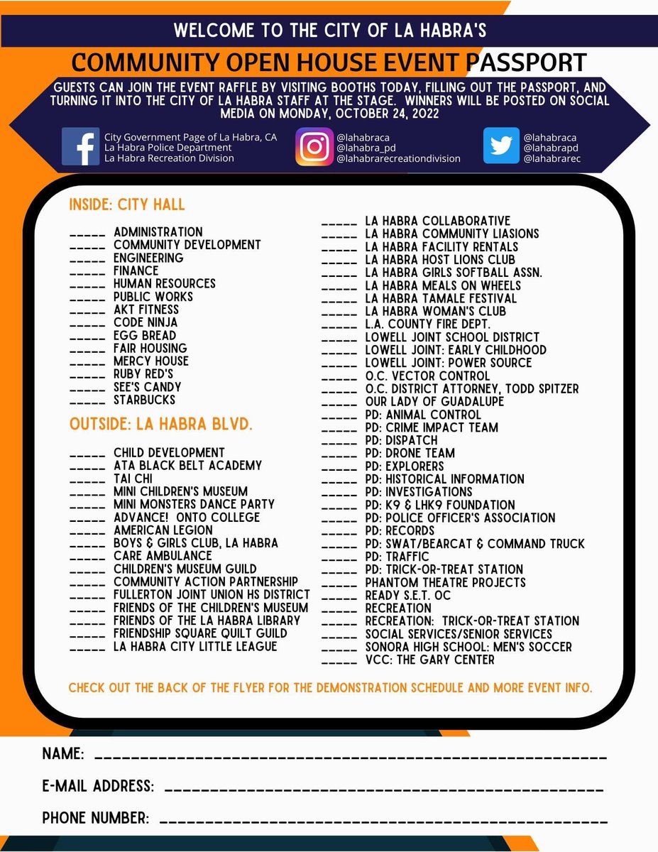 LaHabraRec's tweet photo. So much to do at the La Habra Community Open House! Check out the Passport with the booth names and our demonstration schedule. We will see you tomorrow, 10A-2P! https://t.co/aR2idzx39t