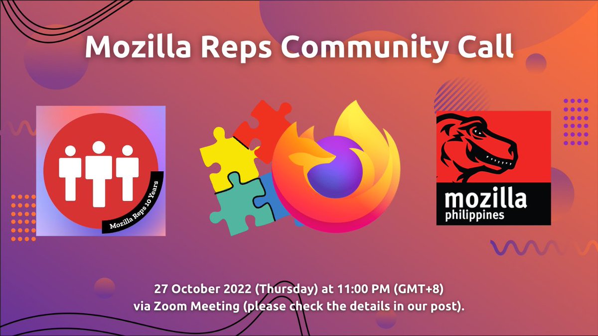 MozillaPH's tweet photo. On Thu 27 OCT 2022 11:00 PM (PHT) the @mozillareps are organizing a community call with the new Add-Ons Developer Advocate via Zoom Meeting (open to all members of MozillaPH community).
Feel free to add your Qs on the Etherpad via https://t.co/u1GVL3XvOV
#MozillaPH #MozillaReps https://t.co/hpXYSta1dx