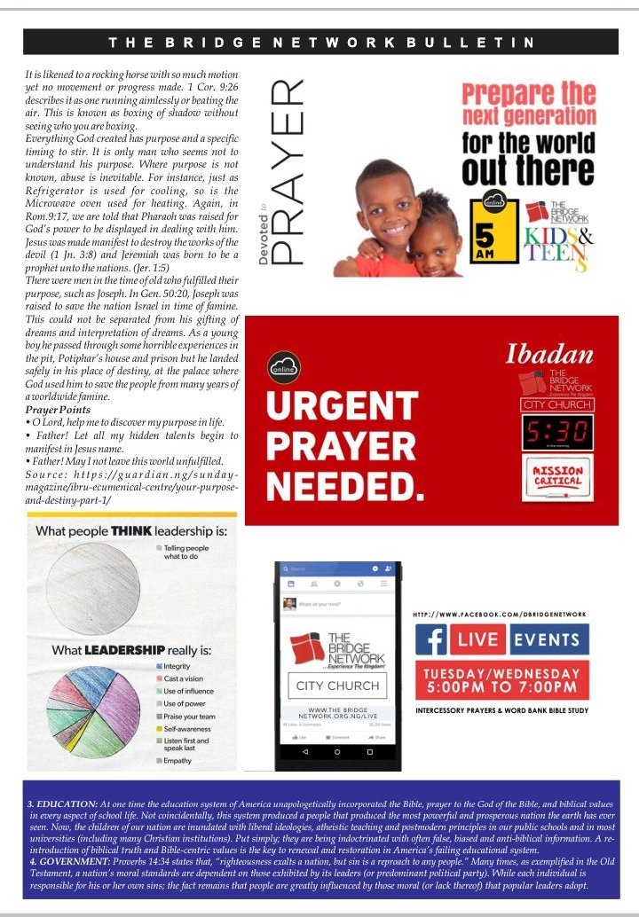 DBridgeNetwork's tweet photo. @Softsteel @IbYIf @Bims_livngarden @mopadeola @worldoftoyin @Oluwarantimisi3 @adoraservio @OnyIbode @MojisolaAlere @IAkinyede @ayobummy The Bridge Network, Bulletin 23rd October, 2022. Do have a great Sunday & a great week ahead
#TBN #OutstandingLife&ServiceTransformingOurWorld https://t.co/vG9ZjQbLKo