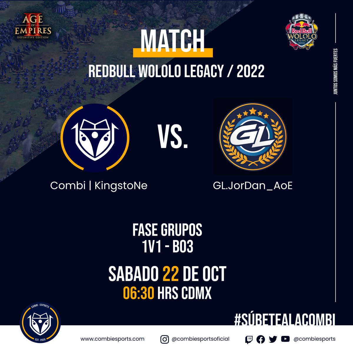 uxmalesports's tweet photo. Nos vemos en unos minutos para empezar a vibrar al ritmo de Combi | KingstoNe, nos vemos sin falta!!! HOY SE NECESITA EL KI DE TODOS!!! Vamos KingstoNe! Vamos Combi! Vamos LATAM! #RedBullWololo #RedBull #AgeofEmpires #CombiPower https://t.co/VqrdtWYxW8