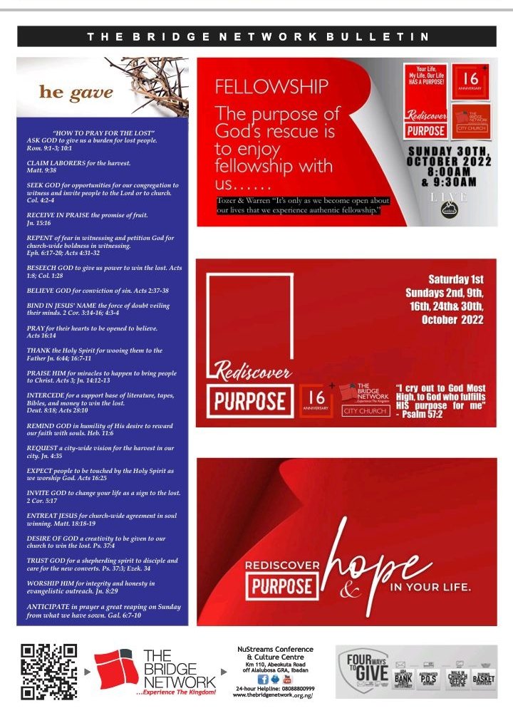 DBridgeNetwork's tweet photo. @FrancisMadojemu @segunakredot @tommiebanji @seunopadare @AkoffeJ @JoshuaOyesola @BabateyeA @tajayiope @UnclesamTBN @paffekt @betaservio The Bridge Network Bulletin 23rd October, 2022. Do have a great Sunday & a great week ahead
#TBN #OutstandingLife&ServiceTransformingOurWorld https://t.co/ZxFROQ3DJ2