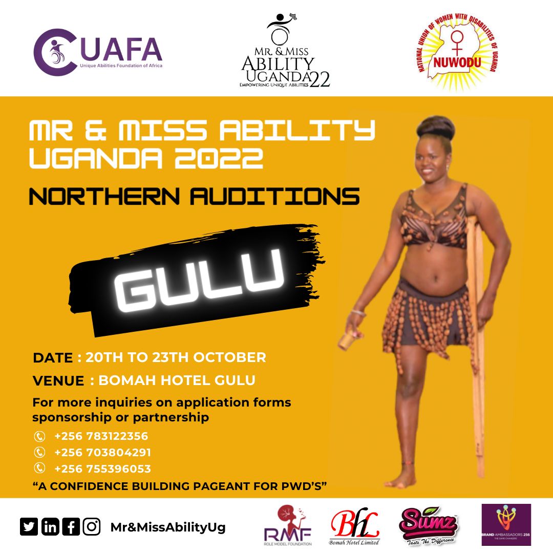 RoleModelFoundn's tweet photo. We are delighted to associate with Mr. and Miss Ability Uganda initiative alongside other partners/sponsors. Auditions is already on.
check artwork for more information on how to participate. 
@nuwodu @TumaloMedia @GuluWalkingTour @misstourismUga @GuluCityCouncil @BOMAHHOTELLTD https://t.co/LJWAIF6YJF