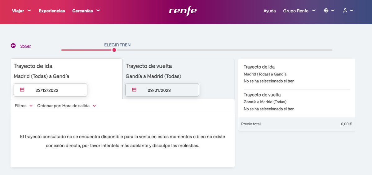 Inesnovell's tweet photo. Hola @Renfe os pregunté el otro día por el trayecto Madrid-Gandia y ahora aparece esto en la web. ¿Sabéis si finalmente no se va a realizar esta conexión? Gracias! https://t.co/oLKk50mvn9