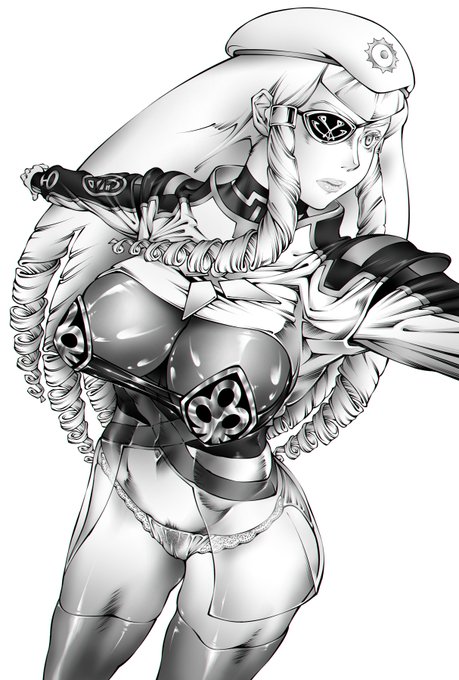 眼帯の紐は耳の上か下か問題。そういや『スカイキャプテン』ではどうだっけ?と確認してから描きました。実際のところ、パンティ/ガーター問題同様どっちもアリで、眼帯の形状・材質によってズレない方で結わくってことでいいみたい。 