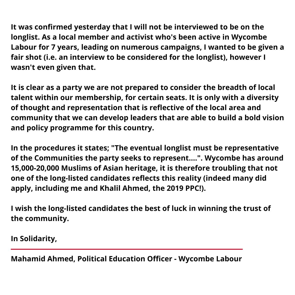 I was incredibly disappointed to learn that I have not been longlisted to be <a href="/WycombeLabour/">Wycombe Labour 🌹</a>'s next parliamentary candidate.

It is clear that the party is not interested in giving local BAME candidates the chance to make our case - none of us were longlisted.

My full statement: