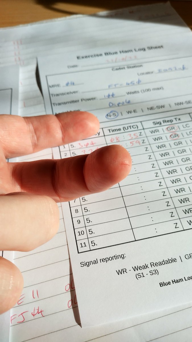 M0PLT's tweet photo. My own logging sheets got me. #Ouch #BlueHam #amateurradio #hamradio https://t.co/1uelFGCcch