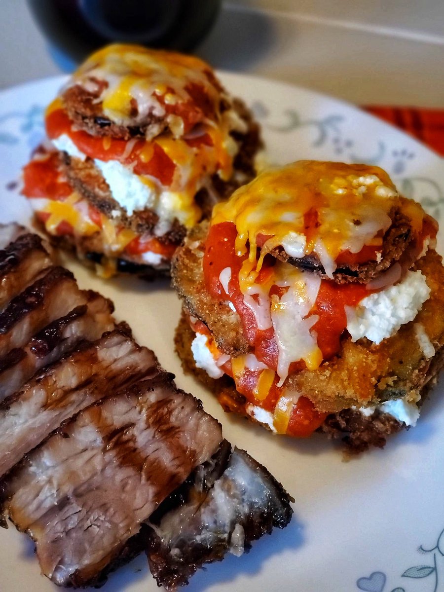 Crispy pork belly with fried eggplant parm stacks…