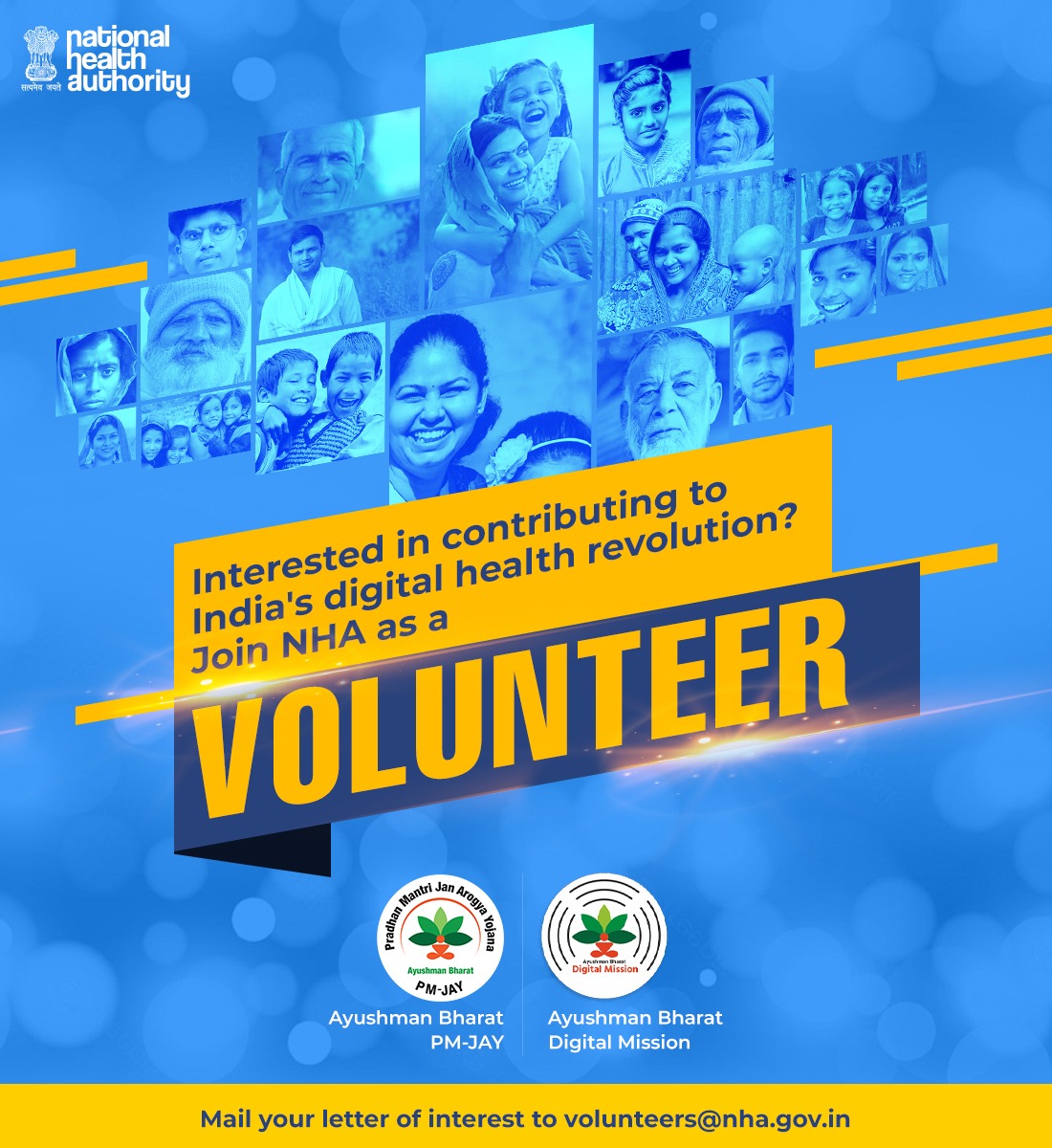 AyushmanNHA's tweet image. 📢𝐍𝐇𝐀 𝐢𝐧𝐯𝐢𝐭𝐞𝐬 𝐯𝐨𝐥𝐮𝐧𝐭𝐞𝐞𝐫𝐬 to contribute to the implementation of #AyushmanBharat PM-JAY &amp;amp; Ayushman Bharat Digital Mission (#ABDM).

Grab the opportunity!
📩And send your letter of interest to ➡️volunteers@nha.gov.in

#PMJAY #DigitalHealth #HealthTech #Volunteer