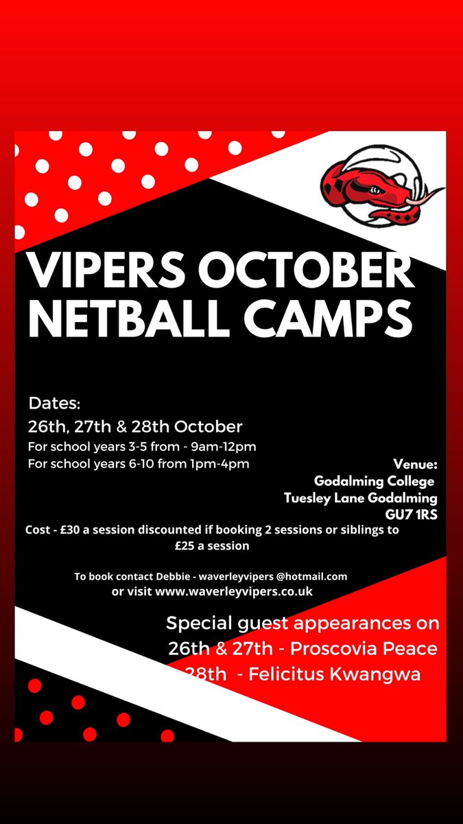 Don’t forget we are running camps over the half term with our 2 fantastic international/storm players as guests. To book please go to our website waverleyvipers.co.uk