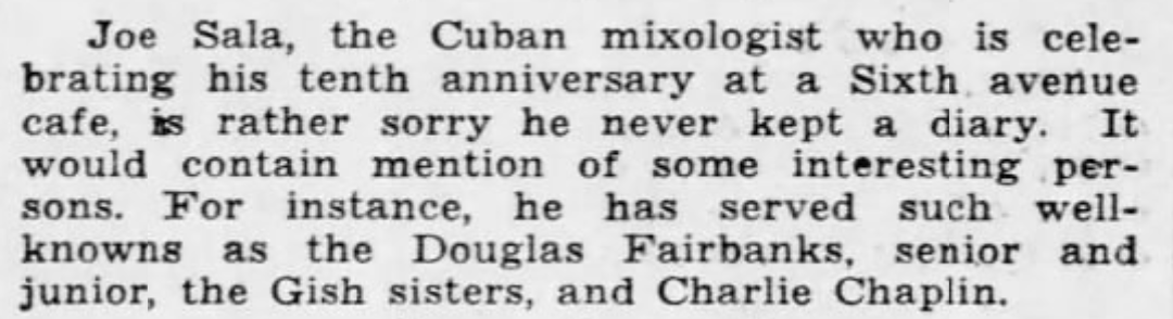 Does anyone have information about cuban bartender Joe Sala (Jose M. Sala)? The surname Sala is closely linked to Lloret de Mar and to the Lloret-Cubans Ribalaigua, Boadas and Sala Parera brothers, but I can't find the right connection.
📷Pittsburgh Post-Gazette, January 15, 1937