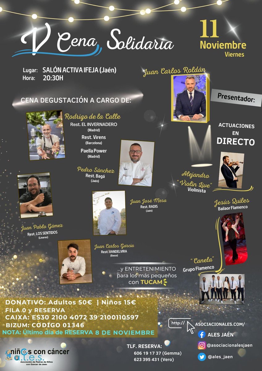Asociación ALES Jaén (@asociacionales) on Twitter photo 📅 Viernes 11 Nov | 20:30
📍 Salón Activa <a href="/FERIASJAEN/">IFEJA FERIAS JAEN</a>
✨✨ 𝓜𝓔𝓝𝓤́ 𝓓𝓔𝓖𝓤𝓢𝓣𝓐𝓒𝓘𝓞́𝓝 ✨✨
Con 5 grandes CHEF;
- Rodrigo de la Calle 🌟
- Pedro Sánchez 🌟
- Juan J. Mesa
- Juan P. Gámez
- Juan C. García
‼️ Haz ya TU RESEVA
¡¡TE ESPERAMOS!!
#censasolidaria #AlesJaén 📅 Viernes 11 Nov | 20:30
📍 Salón Activa <a href="/FERIASJAEN/">IFEJA FERIAS JAEN</a>
✨✨ 𝓜𝓔𝓝𝓤́ 𝓓𝓔𝓖𝓤𝓢𝓣𝓐𝓒𝓘𝓞́𝓝 ✨✨
Con 5 grandes CHEF;
- Rodrigo de la Calle 🌟
- Pedro Sánchez 🌟
- Juan J. Mesa
- Juan P. Gámez
- Juan C. García
‼️ Haz ya TU RESEVA
¡¡TE ESPERAMOS!!
#censasolidaria #AlesJaén