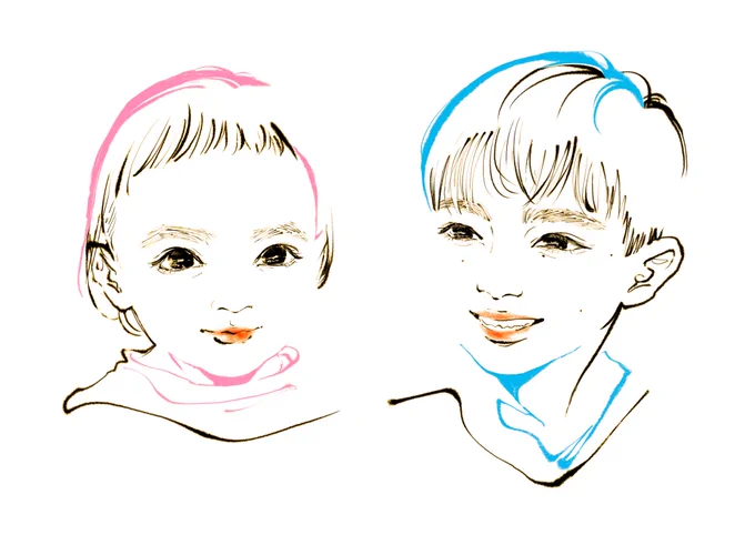 【オンライン似顔絵】かわいいお子さんの似顔絵をご注文いただきました差し色は息子さんが水色、娘さんがピンクのオーダー天使のようなかわいさオーダーありがとうございました※現在は似顔絵の新規受注を停止しております#似顔絵#イラスト 