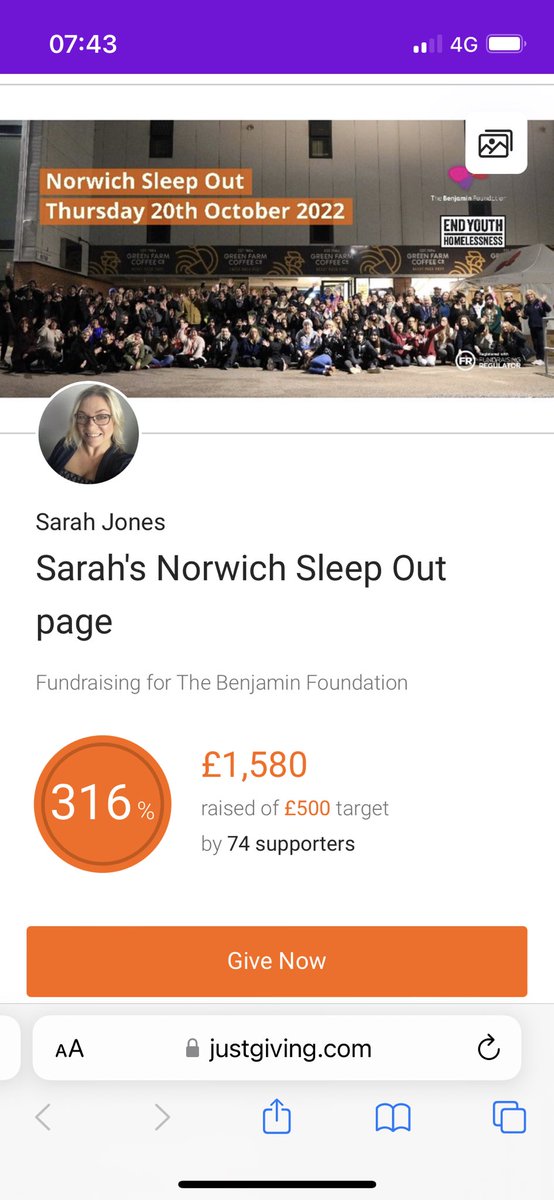 Jones_SarahE's tweet photo. Whoop whoop I’m now OVER £1500!! 🙌 raising money for @CharityTBF #endyouthhomelessness £1000 helps re-home 5 young people, if I get to £2000 that’s 10 people assisted… shall we?? https://t.co/8a1viRFgh2