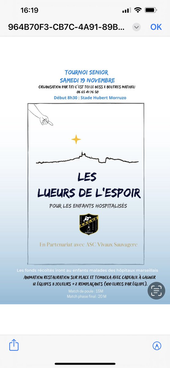 Le 19 novembre aura lieu un tournoi sénior au profit des enfants hospitalisés, pour la deuxième édition des cadeaux de Noël 🎅🏻, venez nombreux, tombola, cadeaux🎁💙<a href="/omfondation/">OM Fondation 💙</a> <a href="/OM_Officiel/">Olympique de Marseille</a> <a href="/marseille/">Ville de Marseille</a> <a href="/MaRegionSud/">Région Sud</a> <a href="/Valeriefedele/">Valérie FEDELE</a> <a href="/ascvs10e/">Asc Vivaux Sauvagère</a> <a href="/RenaudMuselier/">Renaud Muselier</a>