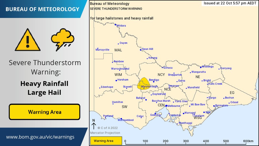 ⚠️ Severe Thunderstorm Warning issued for central western parts of #Victoria, around #Maryborough. Heavy rainfall and large hailstones are possible with slow-moving thunderstorms. Further details at: bom.gov.au/products/IDV21…