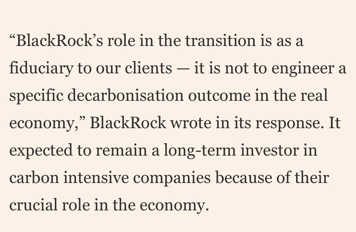 BlackRock, Vanguard and Brookfield will not quit #FossilFuel investments.
“Because of their crucial role in the economy”

Source: <a href="/FT/">Financial Times</a>
