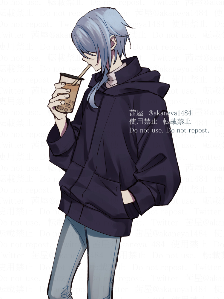kamisato ayato 1boy bubble tea male focus pants blue hair hand in pocket solo  illustration images