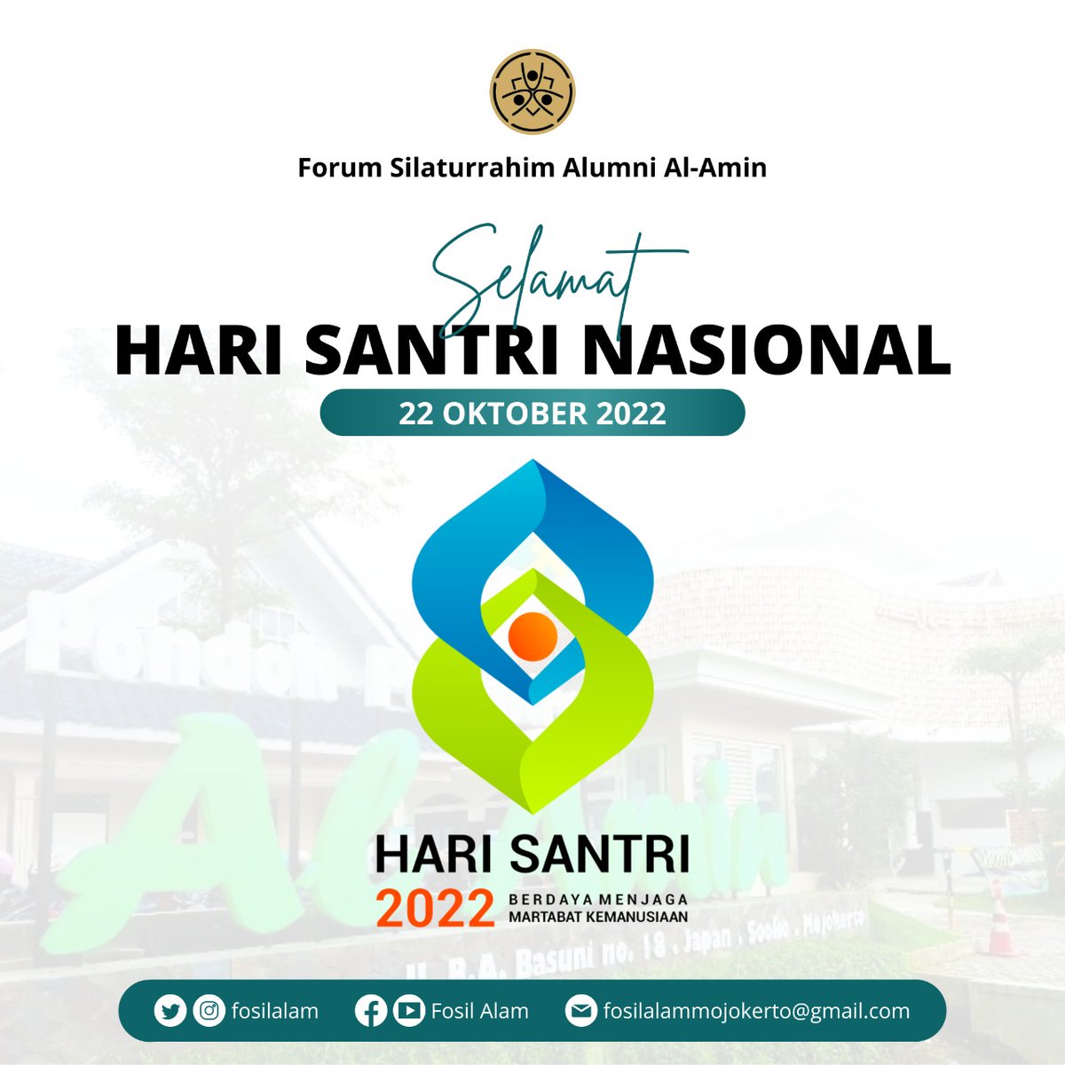 FosilAlam's tweet photo. Bersama membangun negeri, bersama membangun peradaban, dari santri untuk negeri, dari santri menciptakan peradaban. 

Selamat Hari Santri Nasional &amp; 77 Tahun Peringatan Resolusi Jihad 

22 Oktober 2022

#harisantrinasional #alumnialamin #fosilalam #alaminmojokerto #resolusijihad https://t.co/uzJtSppkBn