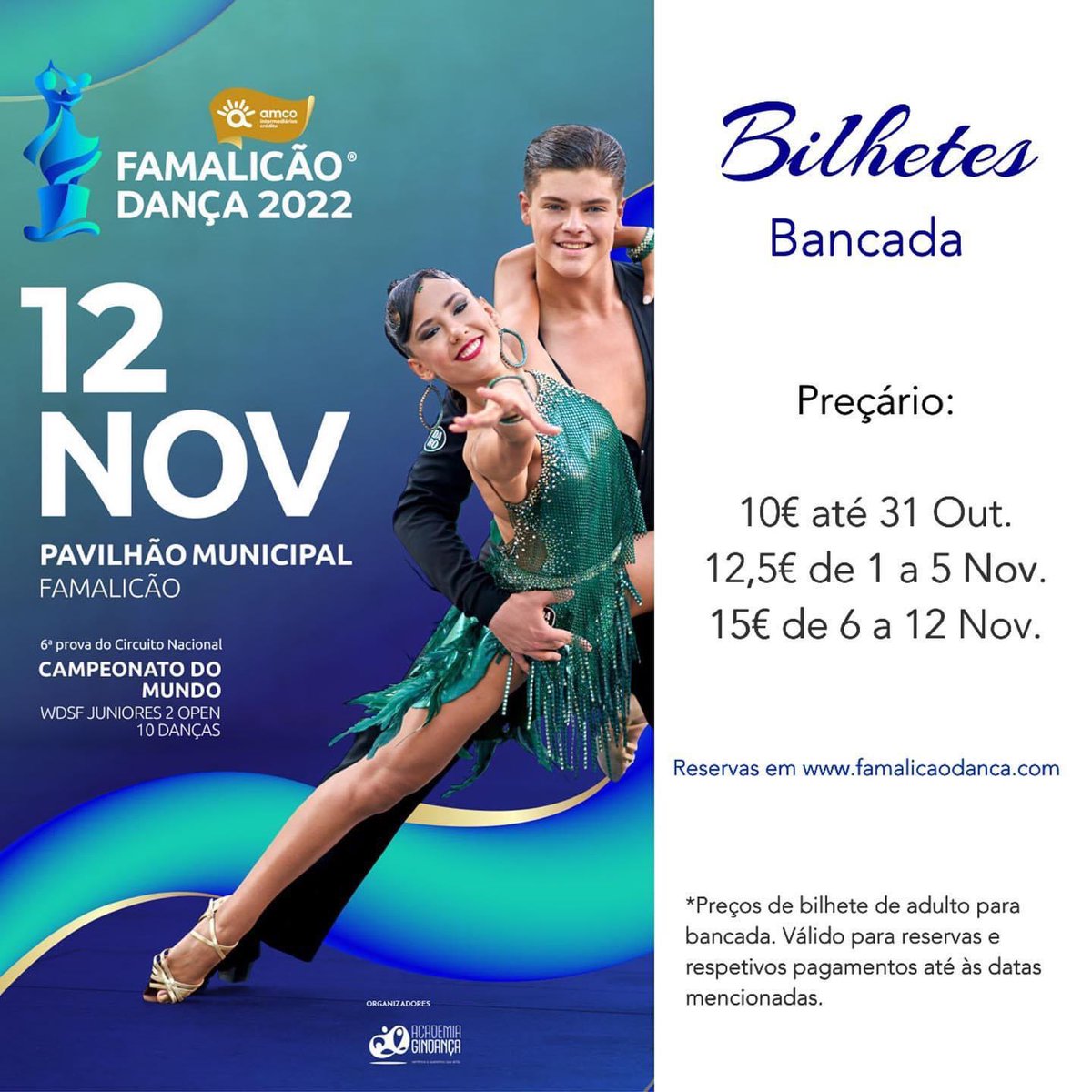 PREÇO ESPECIAL em compra antecipada 🔥
Compre os bilhetes até 5 de Novembro e nós fazemos um preço especial 😉 ! 
Fase 1- 10€ até 31 de Outubro 
Fase 2- 12,5€ de 1 a 5 de Novembro 
Fase 3- 15€ de 6 a 12 de Novembro (preço normal)