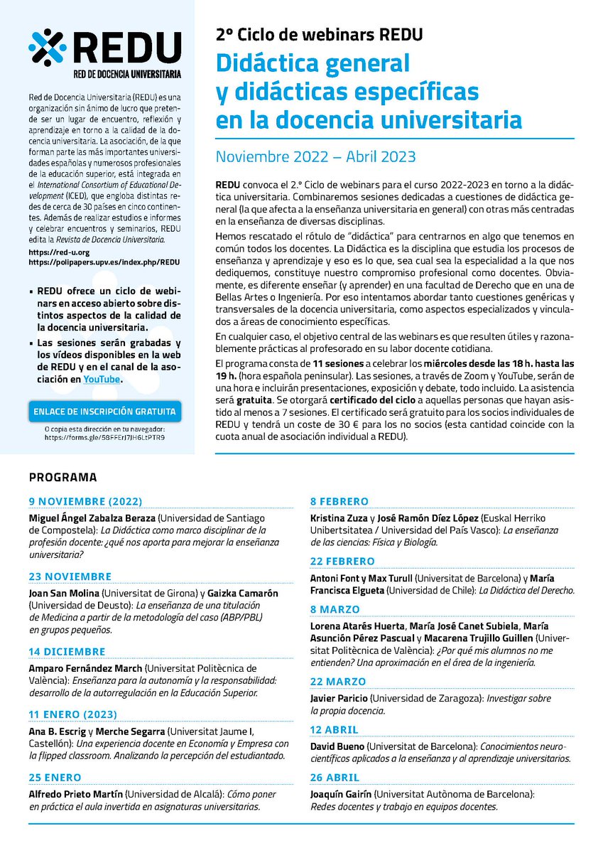 En el 2º ciclo webinars REDU, el 25 de enero impartiré uno sobre "Cómo poner en práctica el aula invertida en asignaturas universitarias". El programa incluye 11 sesiones de una hora a través de Zoom y YouTube. El link para La inscripción gratuita es en docs.google.com/forms/d/e/1FAI…