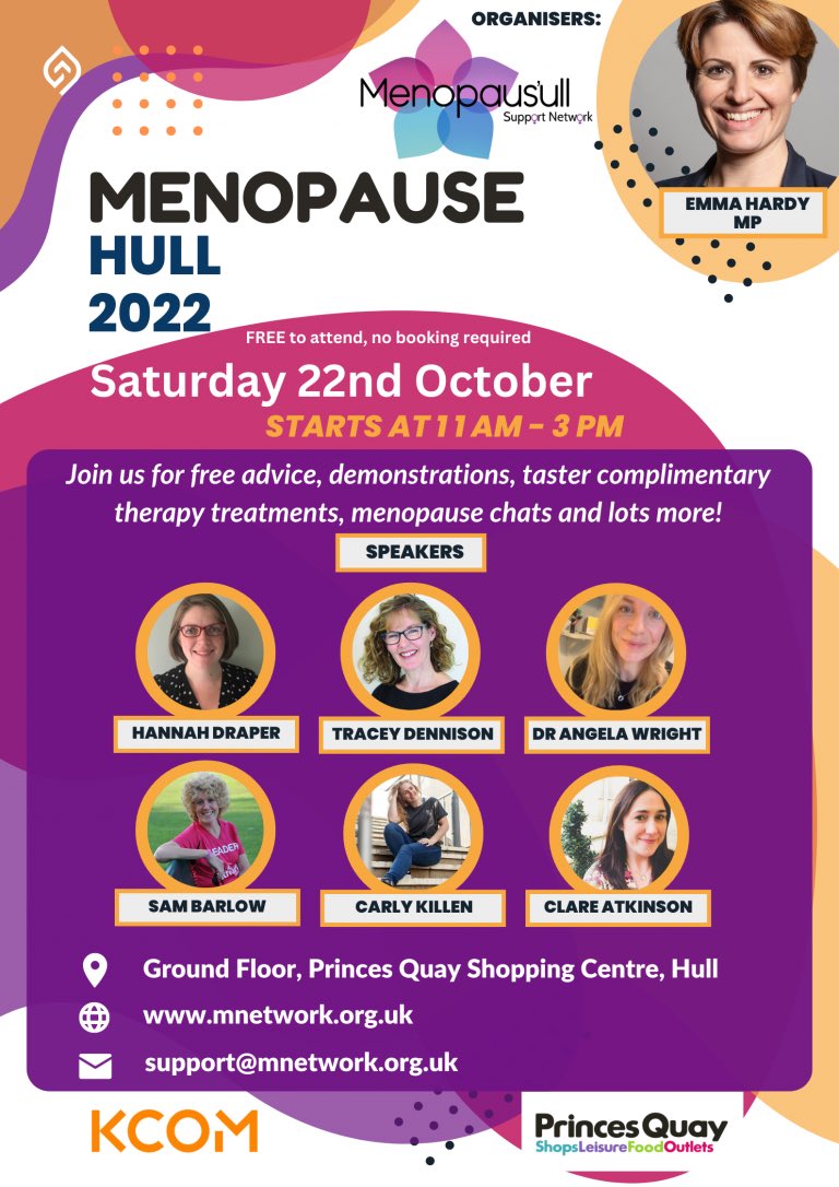 Todays the day!! 

We are looking forward to seeing everyone, offering advice and promoting what our city has to offer to help support women going through the menopause! 
#Menopause 
<a href="/PrincesQuayHull/">Princes Quay</a> 
@EmmaHardyMP 
<a href="/RadioHumberside/">BBC Humberside</a> 
<a href="/BBCLookNorth/">BBC Yorkshire</a> 
<a href="/WhatsOnHull/">BritEvents Hull</a> 
<a href="/itvcalendar/">ITV News Calendar</a>