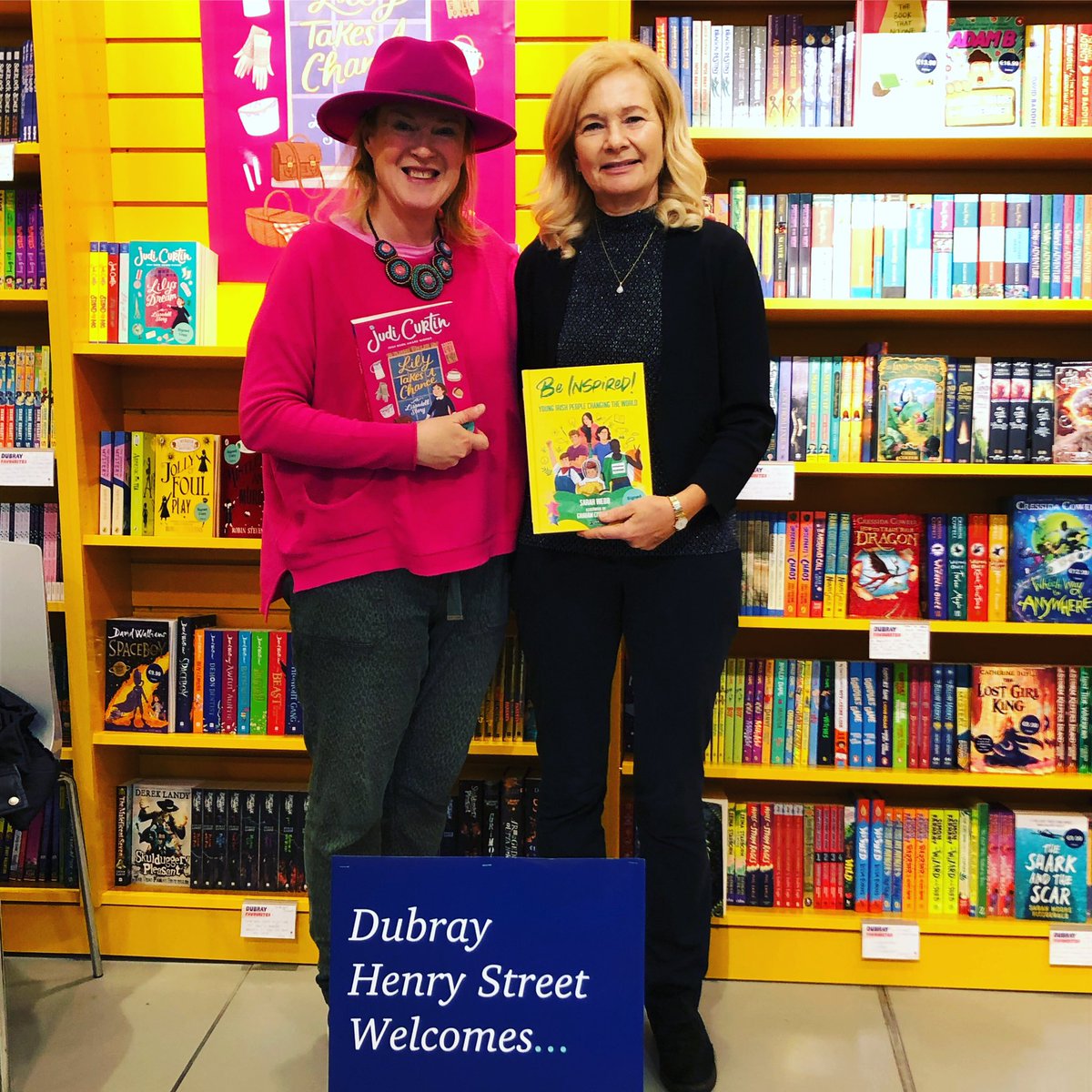 Spent time with my dear writer friend @judi_curtin yesterday. She was @DubrayBooks Henry Street for an event. Here we are proudly showing off our new books. Lily Takes a Chance is SO good. Matches my top too!