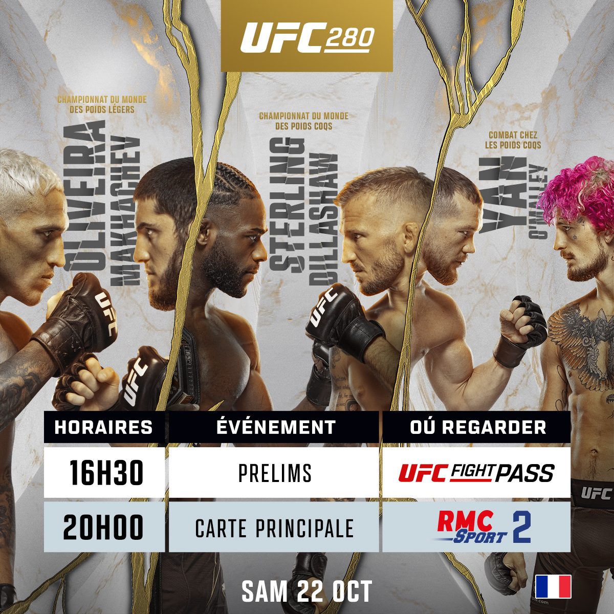 UFCFRA's tweet photo. 🚨 Ce soir l'#UFC280 commence tôt 🚨

📺 Comment regarder l'UFC 280 et à quelle heure ? https://t.co/nQmvcqUYGK