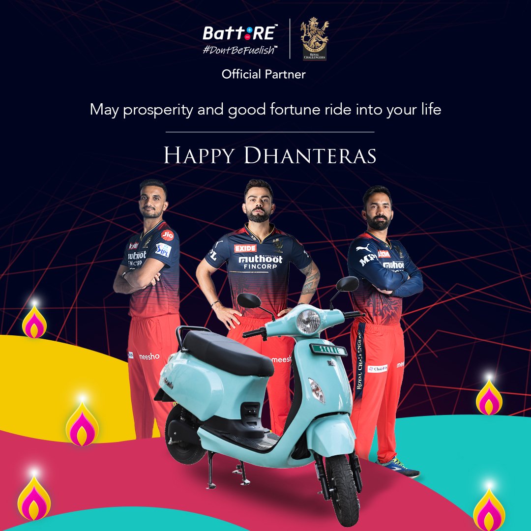 May prosperity and good fortune ride into your life.
Happy Dhanteras from #teamBattRE and #teamRCB

<a href="/BattReMobility/">Batt:RE</a> 

#dontbefuelish #beginanewstoriewithus #Storiemeindumhai #proudofficialpartners #ridebold