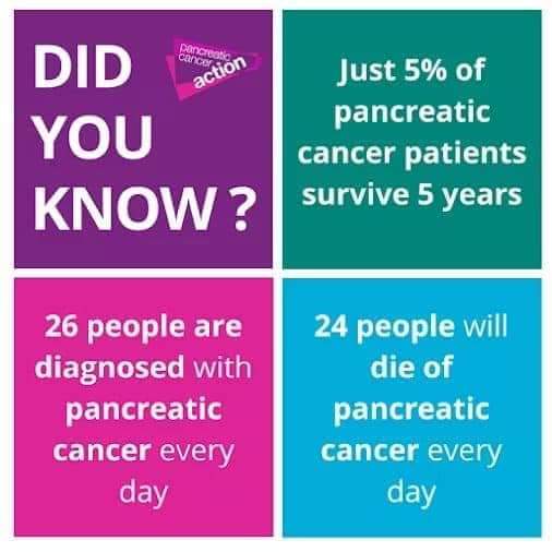 November is.. #PancreaticAwarenessMonth In which we highlight the dire lack of survival rates & raise vital awareness 🙏 Please RT the #symptoms of this cowardly disease Please 💜 Together we WILL make a difference. @NevilleSouthall @reid6peter