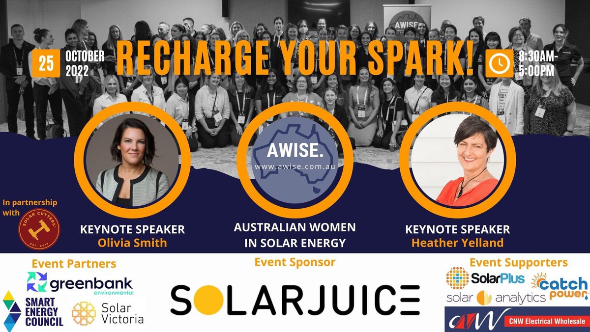 <a href="/AusWomenInSolar/">AWISE</a> are hosting our first full PD day this Tues? Be prepared to be inspired. A few tix left eventbrite.com.au/e/recharge-you…