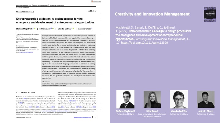 Stefano Magistretti (@smagistretti) on Twitter photo #Entrepreneurship as #design is growing!
Check our new #OA #article titled: "Entrepreneurship as design: A #design process for the emergence and development of entrepreneurial #opportunities” Co-Authors <a href="/_silviasanasi/">Silvia Sanasi</a>, Claudio Dell'Era <a href="/AntonioGhezzi83/">Antonio Ghezzi</a> on <a href="/CIM_Journal/">CIM</a> #Entrepreneurship as #design is growing!
Check our new #OA #article titled: "Entrepreneurship as design: A #design process for the emergence and development of entrepreneurial #opportunities” Co-Authors <a href="/_silviasanasi/">Silvia Sanasi</a>, Claudio Dell'Era <a href="/AntonioGhezzi83/">Antonio Ghezzi</a> on <a href="/CIM_Journal/">CIM</a>